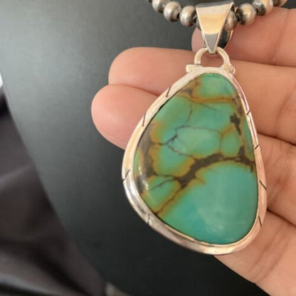 Men's Navajo Blue Spiderweb Turquoise Pendant Necklace | Sterling Silver | Authentic Native American Handmade | 10674