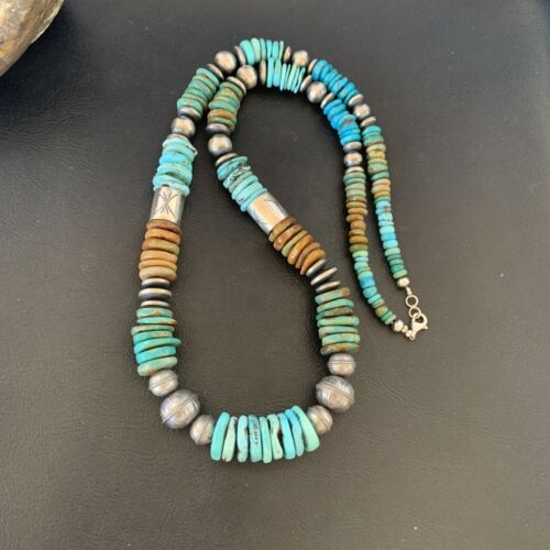 Navajo Blue Green Turquoise Barrel Beads Graduated Necklace | Sterling Silver | Authentic Native American Handmade | 26" | 12673