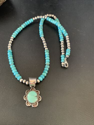 Navajo Blue Turquoise Pendant Necklace | Sterling Silver Pearls | Authentic Native American Handmade | 13219