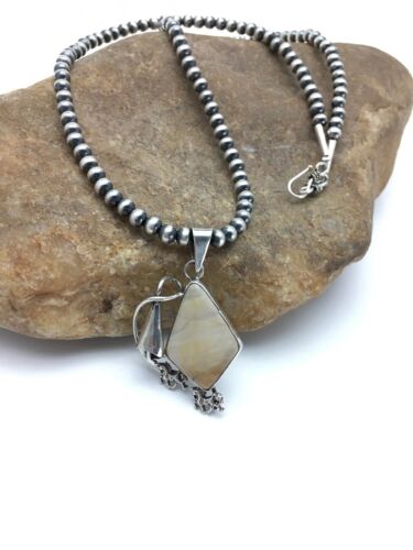 Navajo White Stone Necklace and Pendant Set | Sterling Silver | Authentic Native American Handmade | 2" | 2782