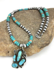 Navajo Blue Turquoise and Spiny Oyster Multi-Stone Pendant Necklace | Authentic Native American Sterling Silver | 21" | 4886