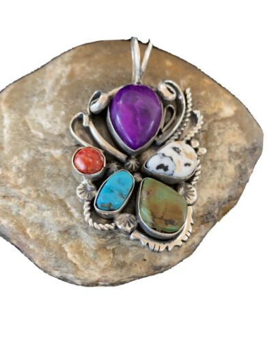 Navajo Sugilite, White Buffalo Turquoise, Spiny Oyster Multi-Stone Pendant | Authentic Native American Sterling Silver | Multi-Stone | 1224