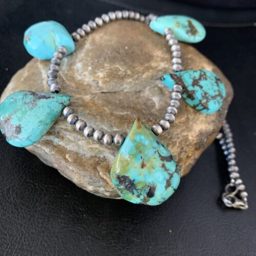 Navajo Teardrop Blue Turquoise Necklace with Pearls | Sterling Silver | 20" | Authentic Native American Handmade | 13966