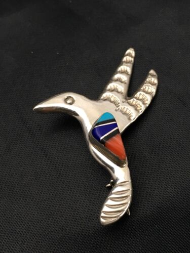 Turquoise, Lapis & Coral Hummingbird Inlay Pin | Navajo Sterling Silver | Authentic Native American Jewelry | 2900