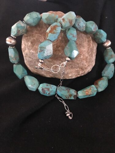 Navajo Turquoise Chunky Bead Faceted Necklace | Sterling Silver | Authentic Native American Handmade | 20" | 3367