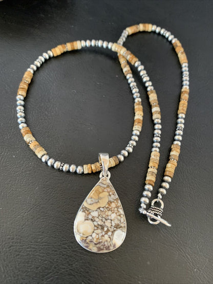 Men's Navajo Wild Horse Jasper Pendant Necklace | Sterling Silver | Authentic Native American Handmade | 10334