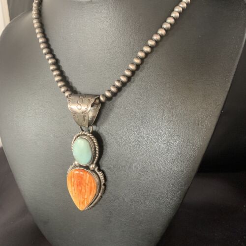 Navajo Dry Creek Turquoise Spiny Necklace Pendant | Sterling Silver | 2.5" | 13581