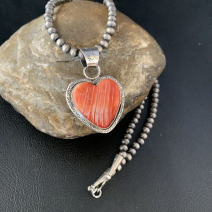 Navajo Red Heart Spiny Oyster Pendant Necklace | Sterling Silver | Authentic Native American Handmade | 13951 - Masha USA