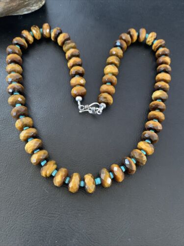 Southwestern Navajo Tigers Eye Necklace with Turquoise | Sterling Silver | 19" | 1496