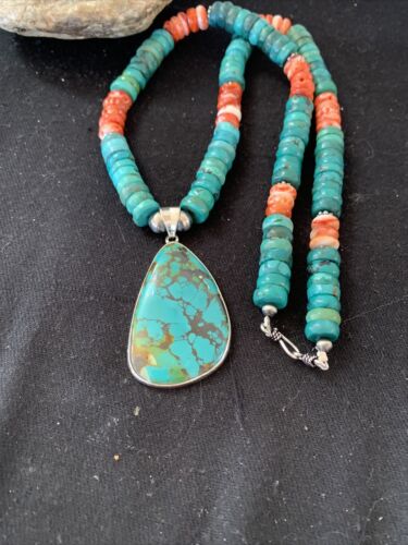 Navajo Pearls Spiderweb Spiny Oyster Turquoise Sterling Silver Necklace Pendant | Authentic Native American Handmade | 20"