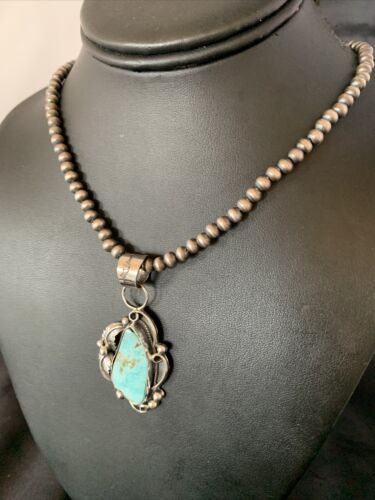 Men's Sterling Silver Blue Dry Creek Turquoise Pendant | Navajo Pearl Necklace 21" | 12975