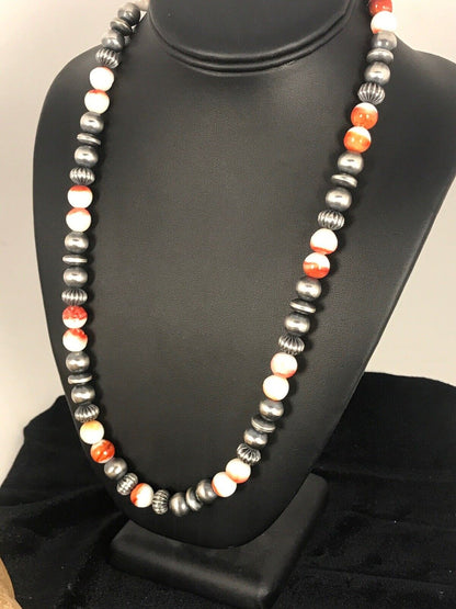 Navajo Spiny Oyster Beads Necklace | Sterling Silver | 21" | Authentic Native American Handmade | 8533