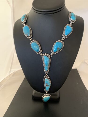 Navajo Kingman Turquoise Pendant Lariat Necklace | Sterling Silver Navajo Pearls | 1188