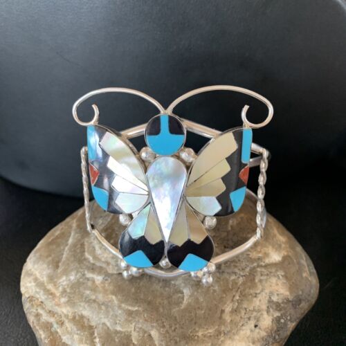 Zuni Butterfly Cuff Bracelet | Turquoise, Mother of Pearl, Onyx | Sterling Silver | 12835