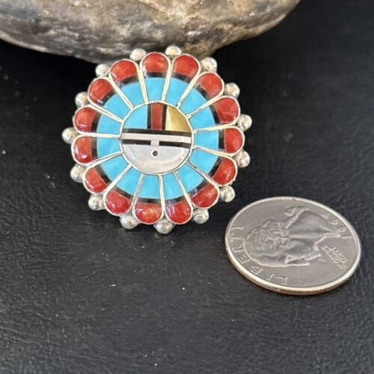 Zuni Sun Face Inlay Ring | Sterling Silver Coral Turquoise Onyx Mother of Pearl | Sz 6.5 | 14452 - Masha USA