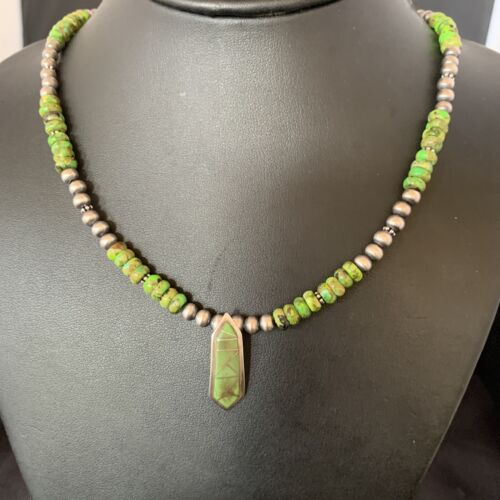 Navajo Green Gaspeite Turquoise Inlay Pendant | Sterling Silver | Authentic Native American Handmade | 13270