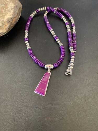 Authentic Native American Navajo Pearl Necklace with Purple Sugilite Pendant | Sterling Silver | 18" | 12349