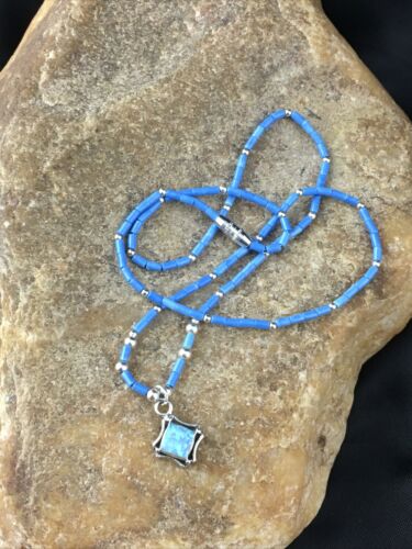 Children's Lapis Heishi Bead Necklace with Opal Pendant | Sterling Silver | 17" | 10126 - Masha USA