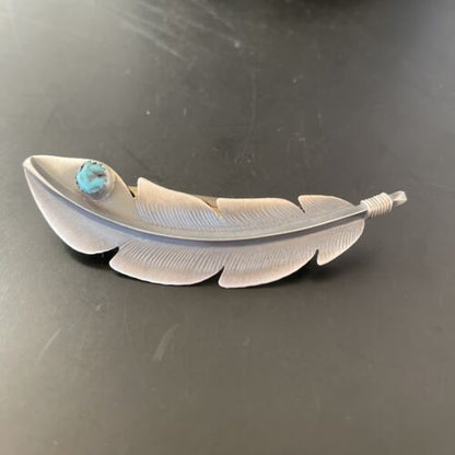 Handmade Sterling Silver Feather Barrette with Blue Turquoise Inlay | Authentic Navajo Jewelry | 2081
