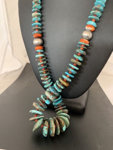 Navajo Natural Blue Turquoise & Spiny Oyster Necklace | Sterling Sliver | Graduated | Authentic Native American | 28" | 330