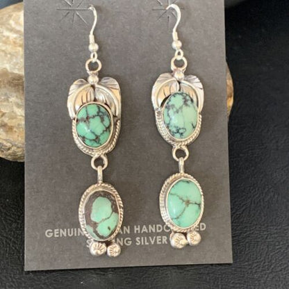 Navajo Green Spiderweb Turquoise Dangle Earrings | Sterling Silver | Authentic Native American Handmade | 13549