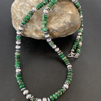 Navajo Green Turquoise Bead Necklace | Sterling Silver | 22" | Authentic Native American Handmade | 02040