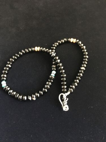 Navajo Black Onyx Turquoise Necklace | Sterling Silver | 18" | Authentic Native American Handmade | 10022