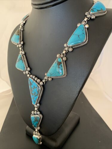 Navajo Lariat Necklace | Spiderweb Turquoise Pendant | Sterling Silver Navajo Pearls | 1187