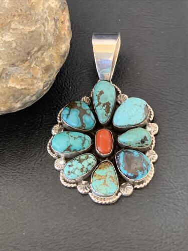 Navajo Cluster Coral Spiderweb Turquoise Pendant | Sterling Silver | Authentic Native American Handmade | 2228