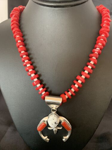 Navajo White Buffalo Turquoise Coral Naja Pendant | Sterling Silver | Authentic Native American Handmade | 10253