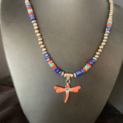 Navajo Dragonfly Pendant | Sterling Silver Turquoise Coral Multi-Color Inlay | Authentic Native American Handmade | 13556 - Masha USA
