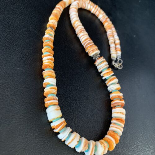 Navajo Turquoise & Orange Spiny Oyster Graduated Necklace | Sterling Silver | Authentic Native American | 21" | 13518
