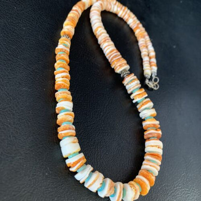 Navajo Turquoise & Orange Spiny Oyster Graduated Necklace | Sterling Silver | Authentic Native American | 20" | 13517