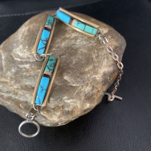 Navajo Blue Turquoise Lapis Inlay Link Bracelet | Sterling Silver | 7" | Authentic Native American Handmade | 13695