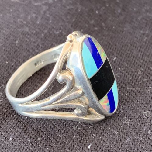 Navajo Turquoise, Lapis & Opal Inlay Ring | Sterling Silver | Sz 11.5 | Authentic Native American | 1487