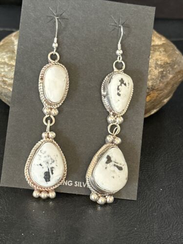 Navajo White Buffalo Turquoise Dangle Earrings | Sterling Silver | 2.5" | Authentic Native American Handmade | 14801