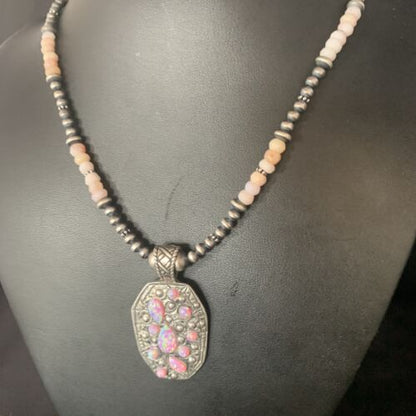 Navajo Pink Opal Beads Necklace with Multi-Stone Mother of Pearl Pendant | Sterling Silver | 13442