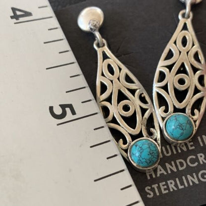 Navajo Blue Turquoise Dangle Post Earrings | Sterling Silver | 1" | Authentic Native American Handmade | 12744