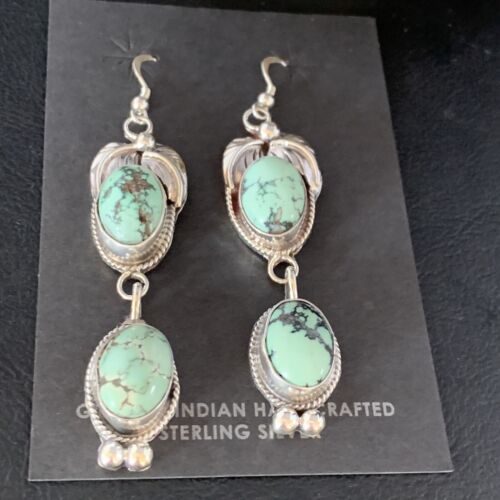 Navajo Green Spiderweb Turquoise Dangle Earrings | Sterling Silver | Authentic Native American Handmade | 13553