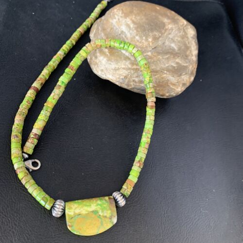 Navajo Green Gaspeite Turquoise Pendant | Sterling Silver | Authentic Native American Handmade | 13942