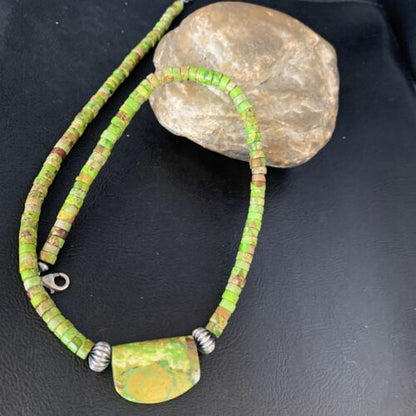 Navajo Green Gaspeite Turquoise Pendant | Sterling Silver | Authentic Native American Handmade | 13942