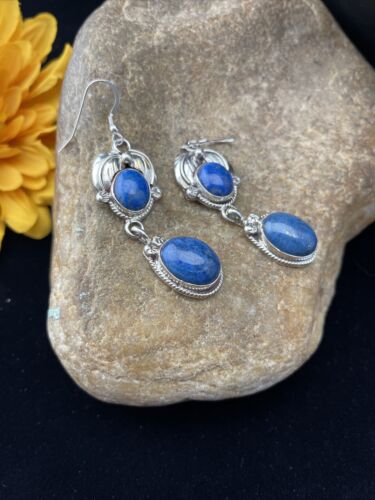 Native American Navajo Denim Lapis Dangle Earrings | Sterling Silver | 2" | 01792 - Masha USA