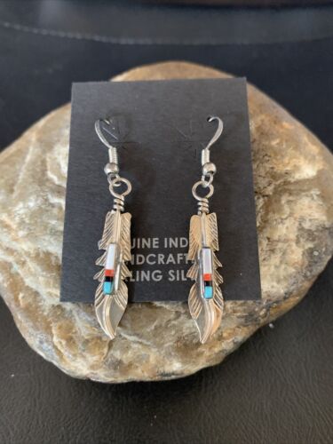 Navajo Coral Inlay Feather Earrings | Sterling Silver | Authentic Native American Handmade | 13065