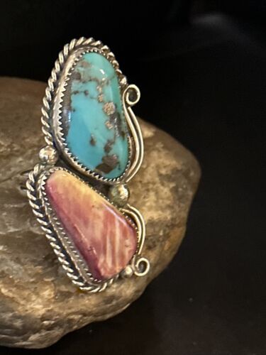 Navajo Turquoise Spiny Oyster Multi-Stone Ring | Authentic Native American Sterling Silver | Sz 10 | 14493