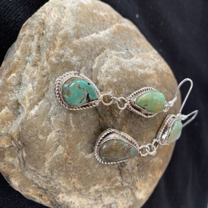 Navajo Green Royston Turquoise Dangle Earrings | Sterling Silver | Authentic Native American Handmade | 1498