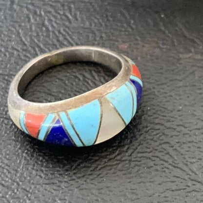 Navajo Multi-Color Turquoise Lapis Coral Mother of Pearl Inlay Ring | Sterling Silver | Sz 7.5 | 12398