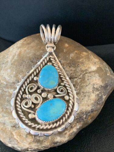 Navajo Blue Turquoise Cluster Pendant | Sterling Silver | 3" | Authentic Native American Handmade | 02103