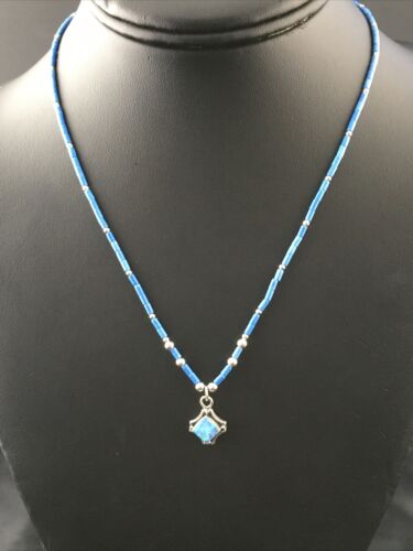 Children's Lapis Heishi Bead Necklace with Opal Pendant | Sterling Silver | 17" | 10126 - Masha USA