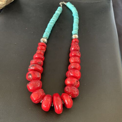 Navajo Red Coral & Turquoise Bead Necklace | Sterling Silver | Authentic Native American | 21" | 13163