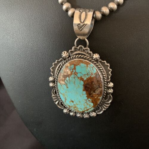 Navajo Pearls Necklace with Blue Turquoise #8 Pendant | Sterling Silver | Authentic Native American Handmade | 11312